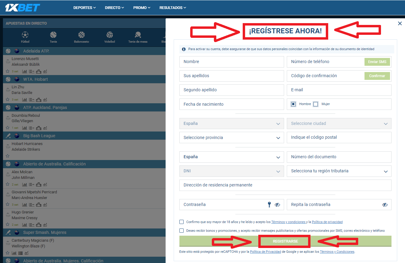 Registro en 1xBet